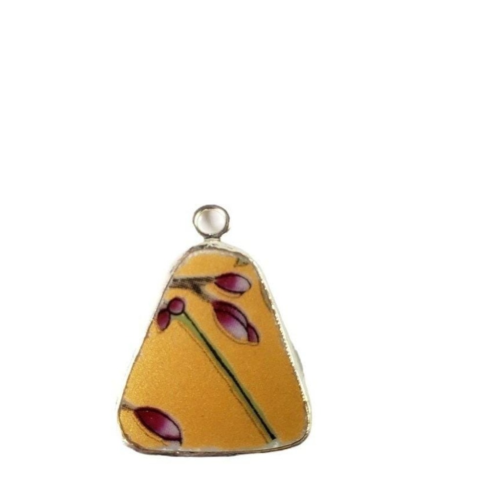 Repurposed Yellow Floral Transferware‎ China Shard Mini Pendant Porcelain Charm